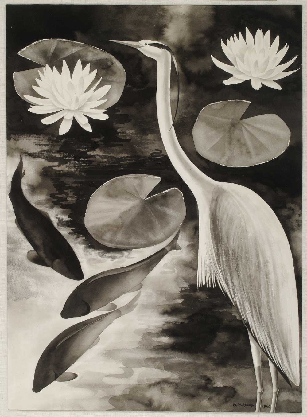 Reiger met waterlelies, penseel en sepia, 65 x 46,5 cm, 1940