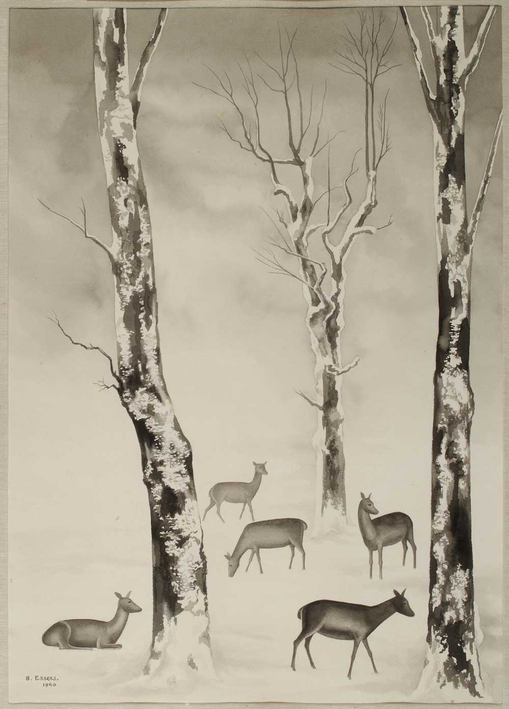 Hertjes in de sneeuw, penseel en oii., 65 x 47 cm, 1940